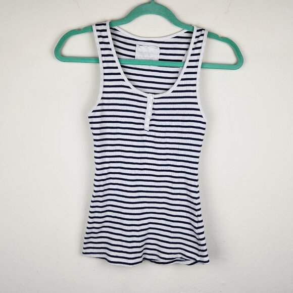 Cache Cache France Blue White Stripe Ribbed Henley Tank Top sz 1/XS - Picture 1 of 8